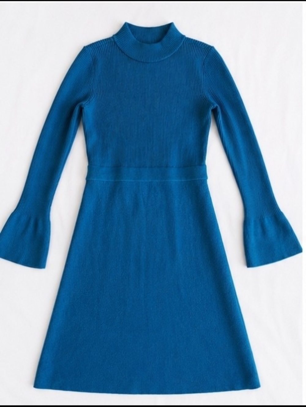 Ann Taylor Women Teal Knit A-Line Dress with Flared Sleeves - Picture 2 of 5